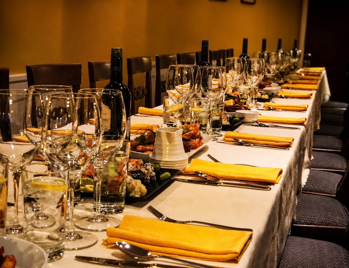 Long banquet table set with wine glasses, yellow napkins, and sharing platters