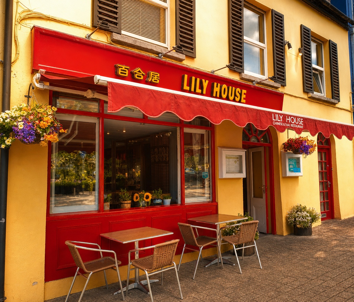 Bright yellow and red Lily House Thai and Chinese Restaurant storefront in Kenmare